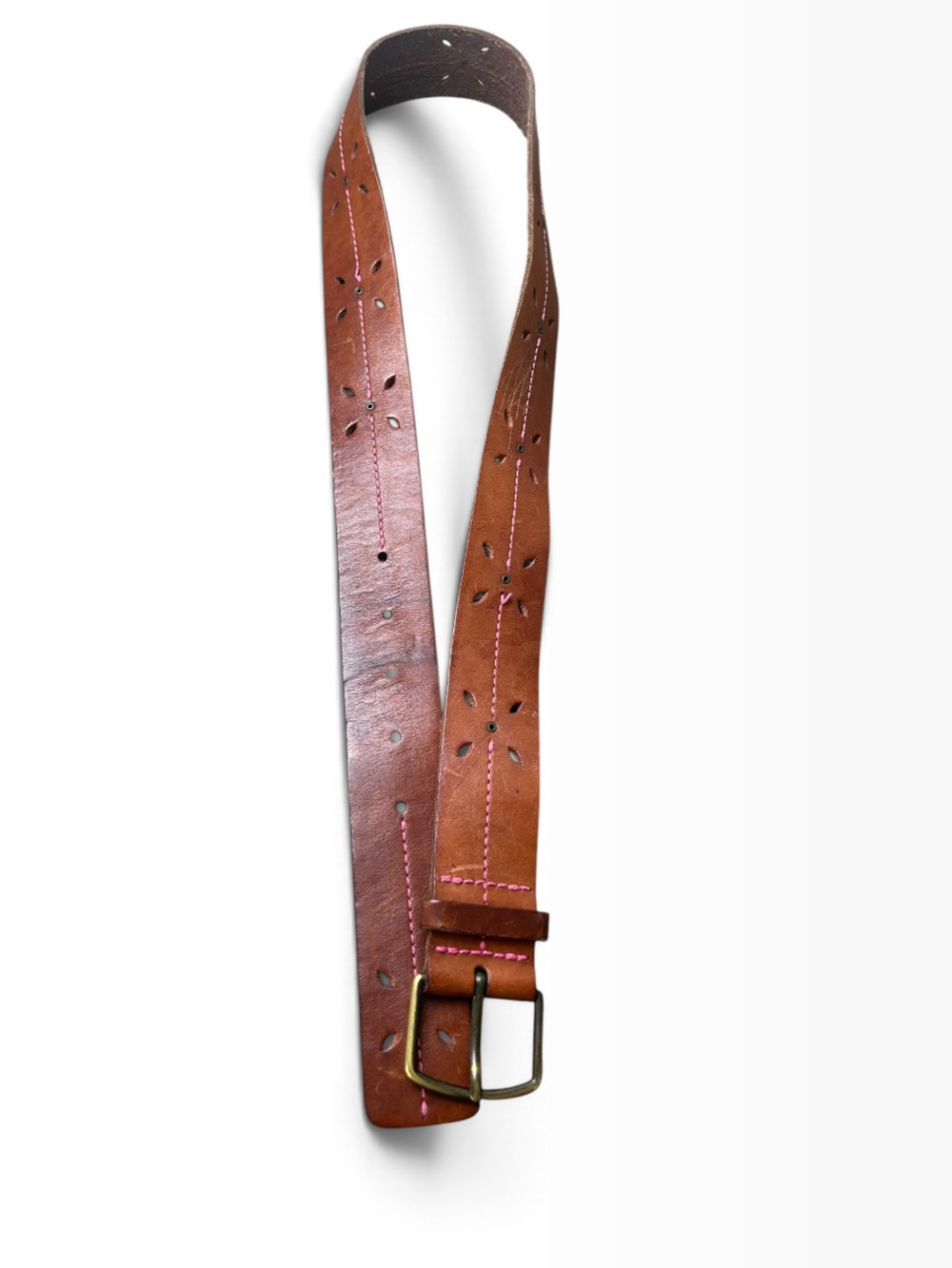 Brown Leather Belt With Pink Stitching & Brass Buckle